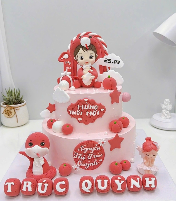 Bánh kem thôi nôi dành cho bé gái tone hồng làm theo yêu cầu 