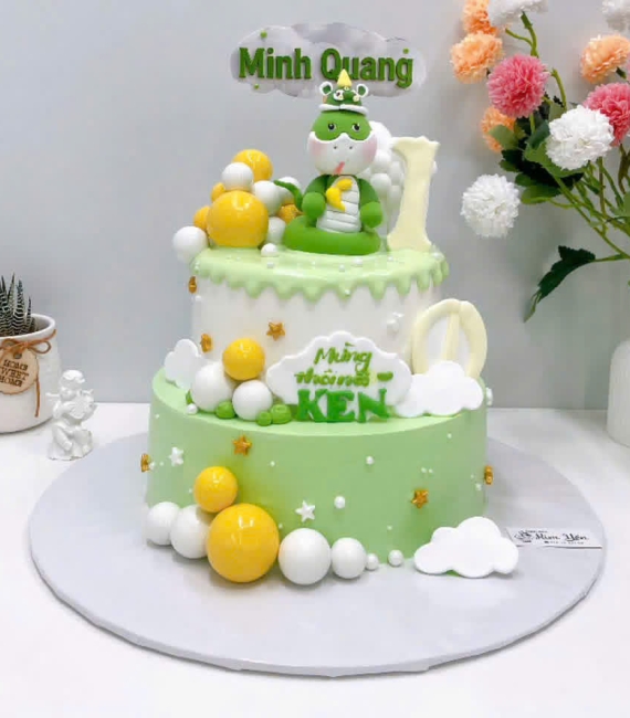 Bánh kem thôi nôi tone xanh dành cho bé trai đẹp tuổi tỵ 