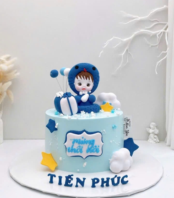 Mẫu bánh đẹp thôi nôi cho bé trai tone xanh dương tuổi tỵ hot 