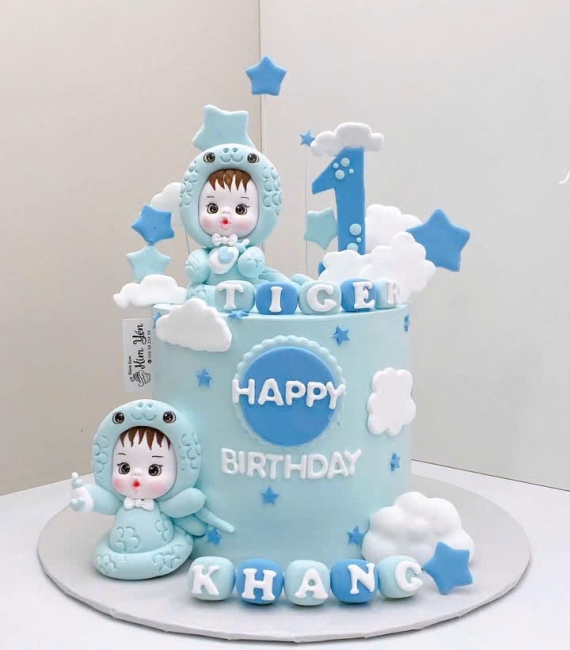 Mẫu bánh đẹp thôi nôi cho bé trai tone xanh dương hot 