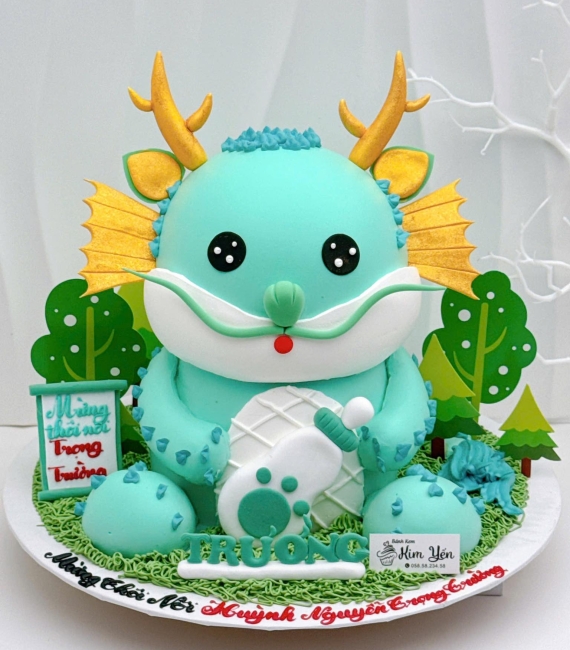 Bánh fondant thôi nôi chủ đề khủng long xanh 