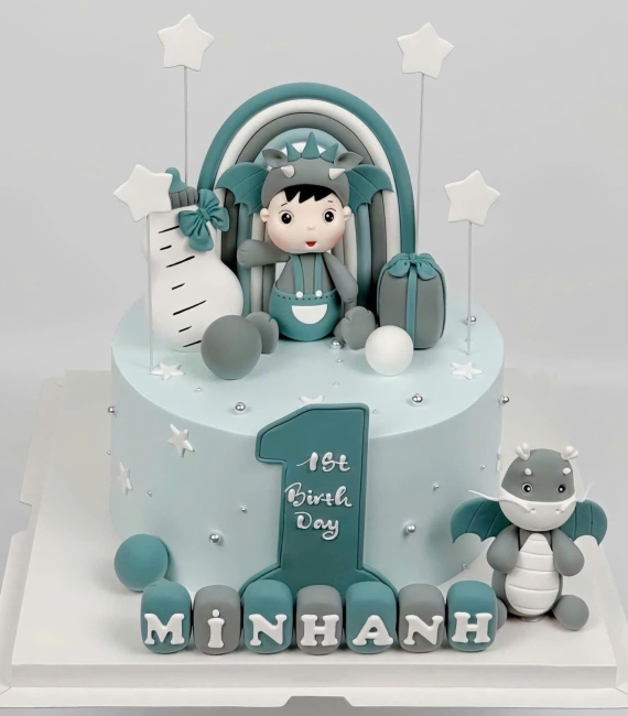 Bánh fondant thôi nôi chủ đề rồng cho bé trai