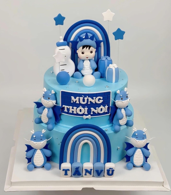 Bánh fondant thôi nôi chủ đề em bé và câu vòng