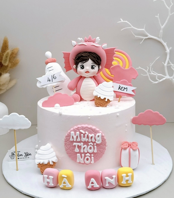 Bánh Kem Thôi Nôi Tone Hồng mừng con 1 tuổi -dành cho bé gái tuổi rồng