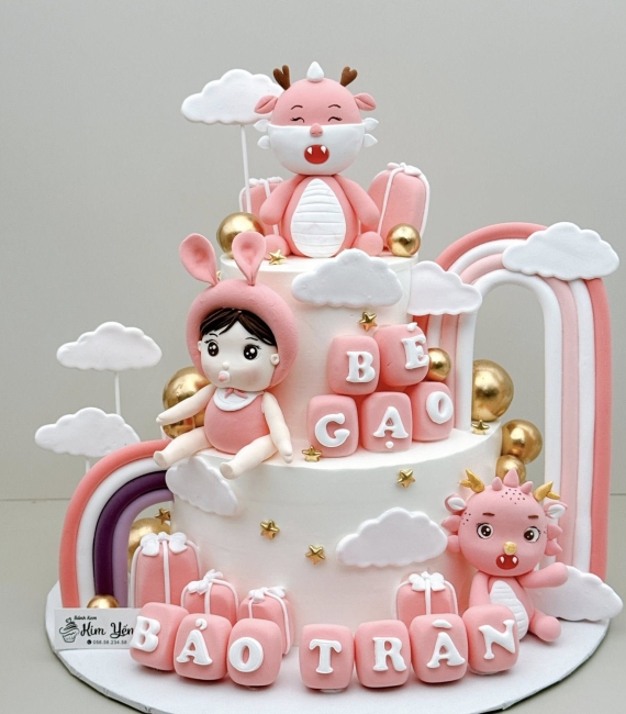 Bánh Kem Thôi Nôi Tone Hồng mừng con 1 tuổi -dành cho bé gái tuổi rồng