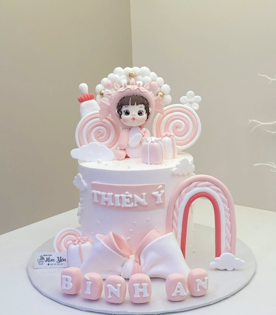 Bánh Kem Thôi Nôi Tone Hồng mừng con 1 tuổi -dành cho bé gái 