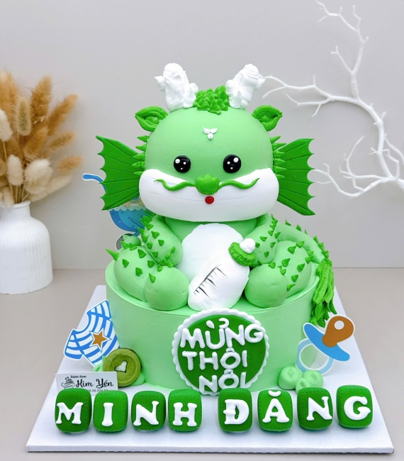 Bánh Kem Thôi Nôi Hình Con Rồng Cho Bé Trai Tuổi Thìn tone xanh cây