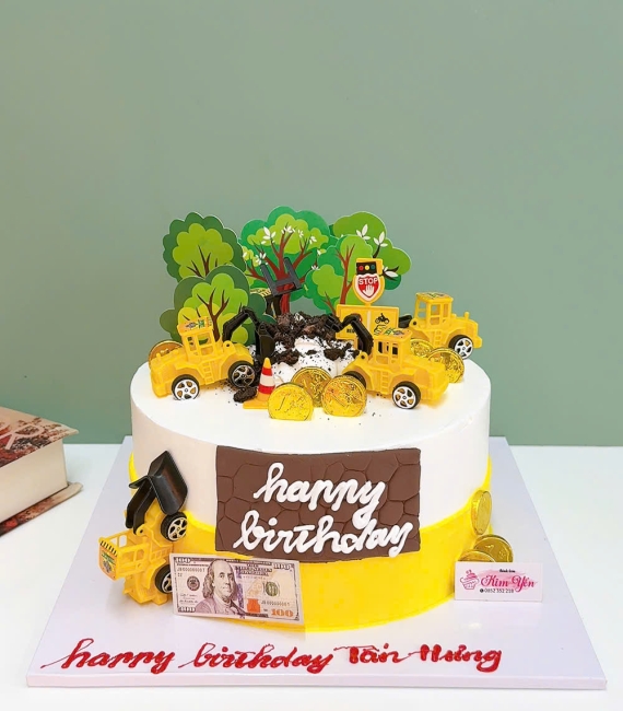 Bánh kem dành cho bé trai team mê công trình,ô tô,xe múc xe cẩu