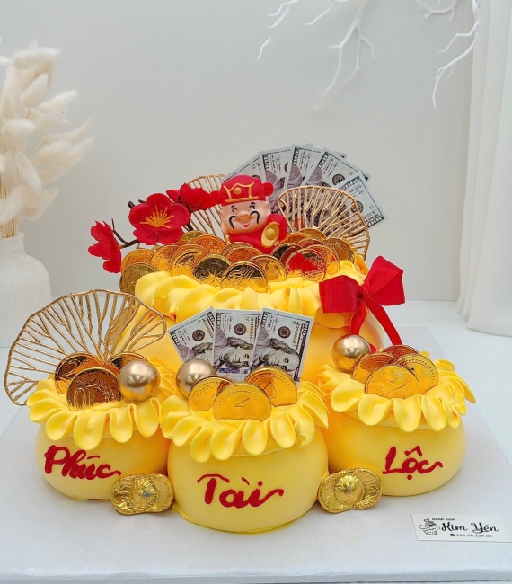 Bánh kem khai trương hủ vàng kèm túi tiền siêu hot
