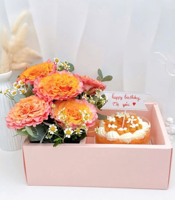 Sét bánh và hoa tặng người yêu 20/10 tone cam