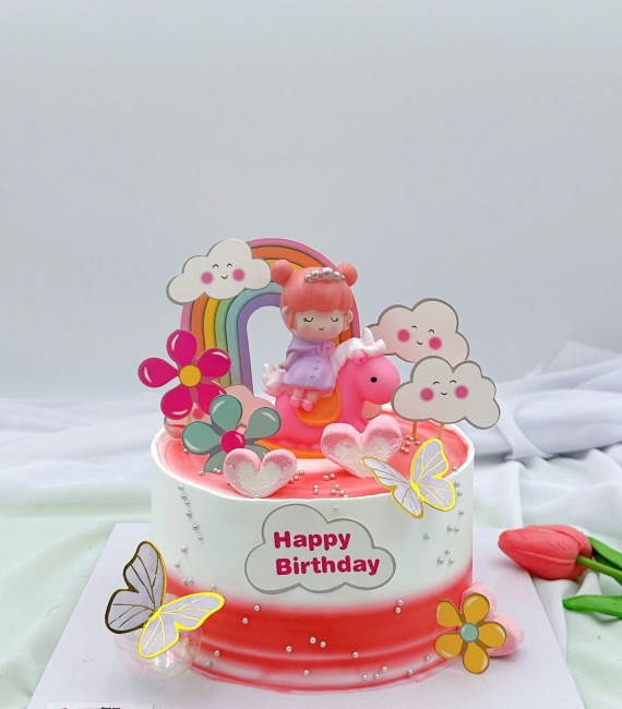 Bánh sinh nhật cầu vòng xanh và công chúa