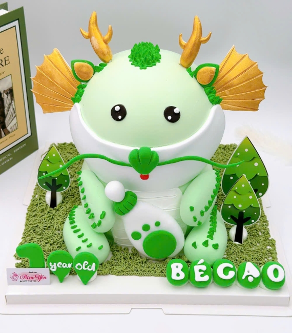 Bánh fondant thôi nôi chủ đề những chú rồng màu xanh