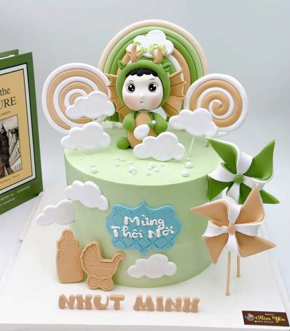 Bánh fondant thôi nôi chủ đề màu xanh