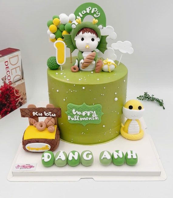Bánh fondant thôi nôi dành cho bé trai tone xanh cây