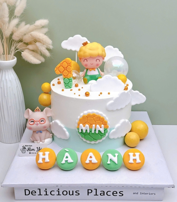 Bánh fondant thôi nôi dành cho bé trai ở tone nhẹ nhàng