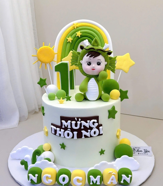 Mẫu bánh thôi nôi tạo hình cho bé trai lên 1 màu xanh cây