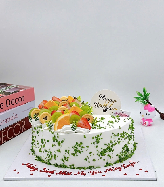 Mẫu bánh kem trái cây mừng sinh nhật mẹ yêu tone xanh