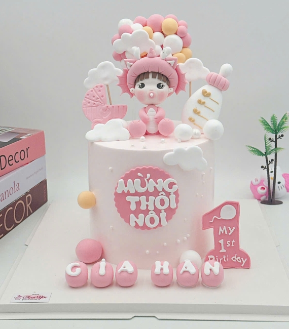 Bánh mừng thôi nôi đầy tháng cho tone hồng 