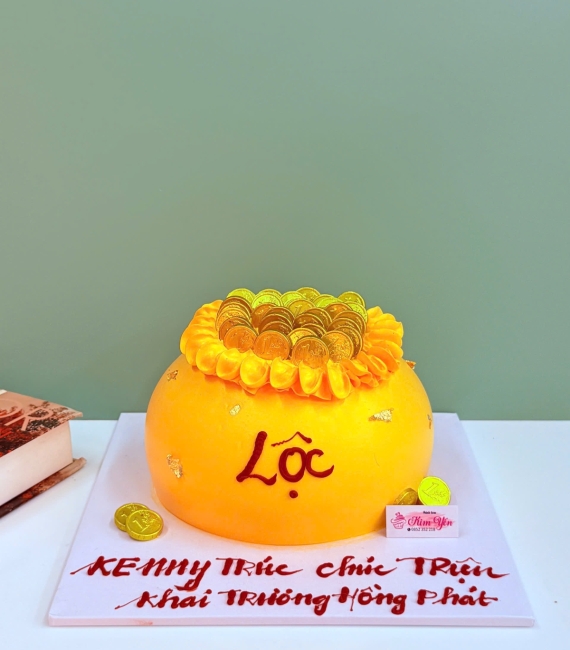 Bánh kem khai trương tài lộc túi tiền vàng