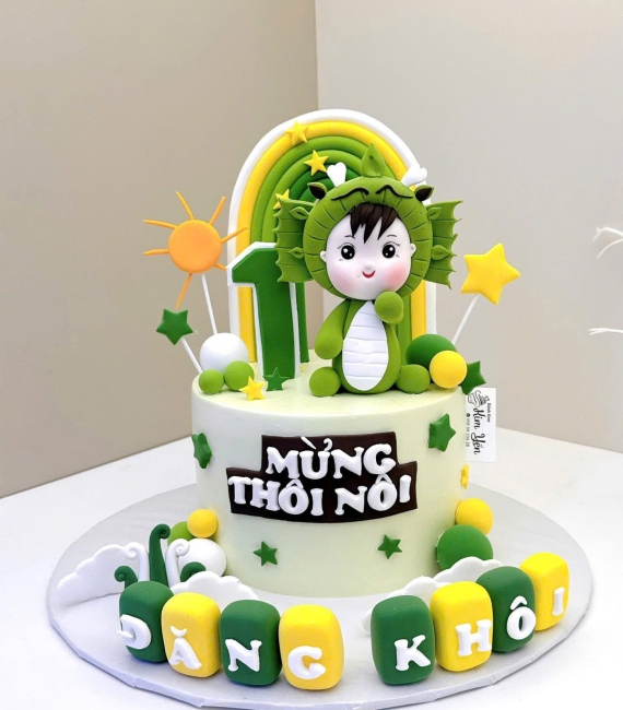 Bánh kem thôi nôi tạo tuổi tỵ dành cho bé trai tone xanh