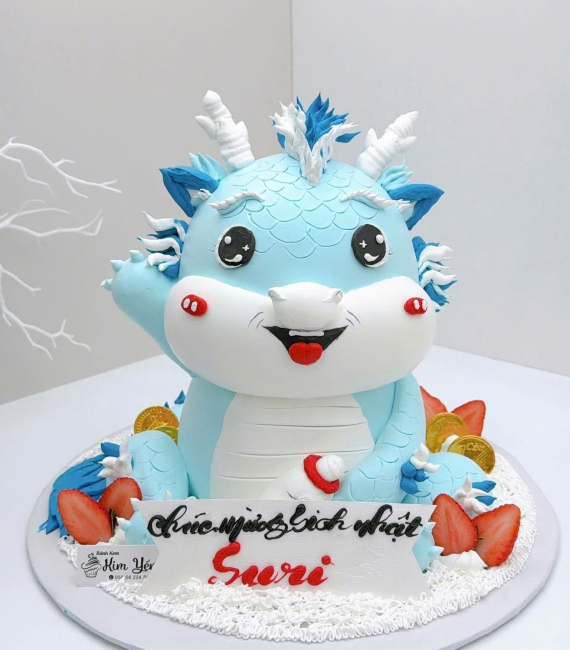 Bánh kem đầy tháng tuổi thìn dành cho bé trai tone xanh dương