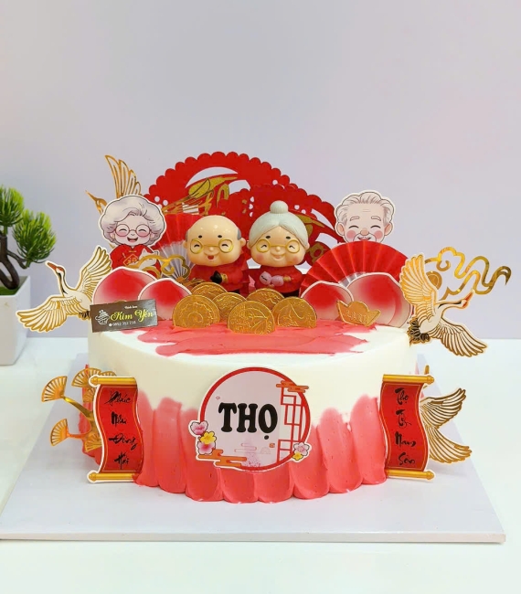 Bánh kem mừng thọ cho ba mẹ-ông bà tone đỏ