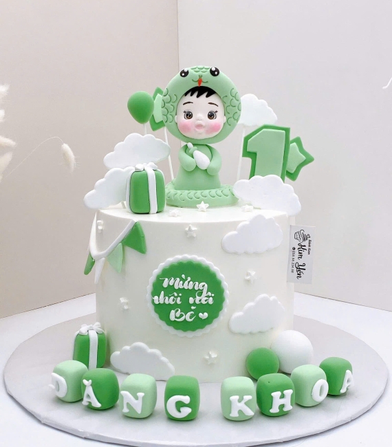 Bánh kem thôi nôi dành cho bé trai tỵ tone xanh