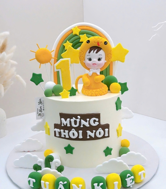 Bánh kem thôi nôi tuổi tỵ tone xanh kết hợp vàng