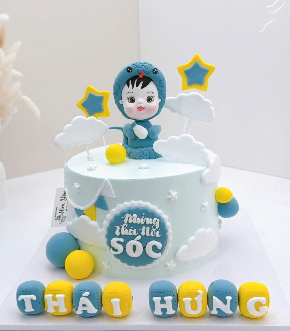 Bánh kem thôi nôi tuổi tỵ tone xanh màu đẹp pastel