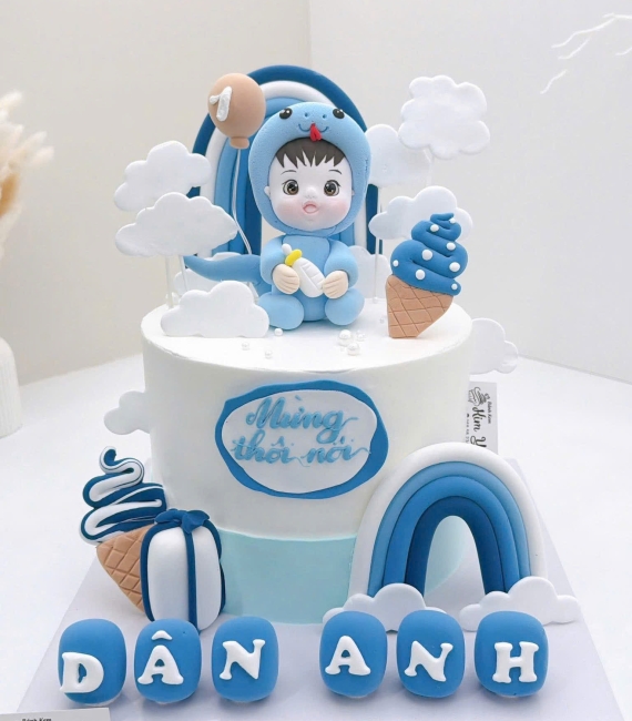 Bánh kem thôi nôi đẹp tuổi tỵ dành cho bé trai 
