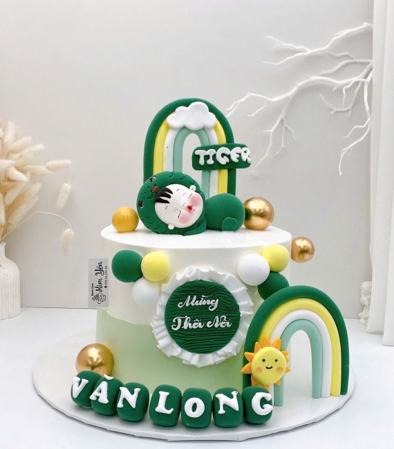 Bánh kem tuổi tỵ tone xanh dành cho bé trai 