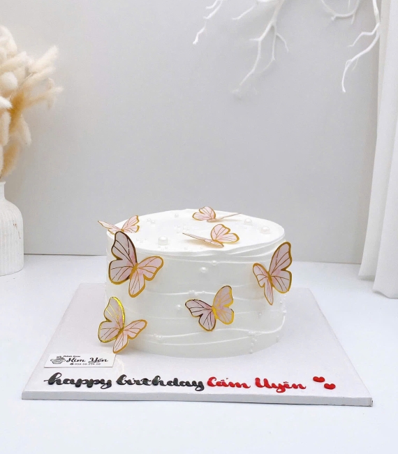 Bánh kem tặng sinh nhật kết hợp phụ kiện bướm tone hồng 