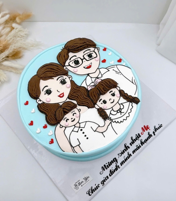 Bánh kem sinh nhật vẻ hình chibi gia đình 