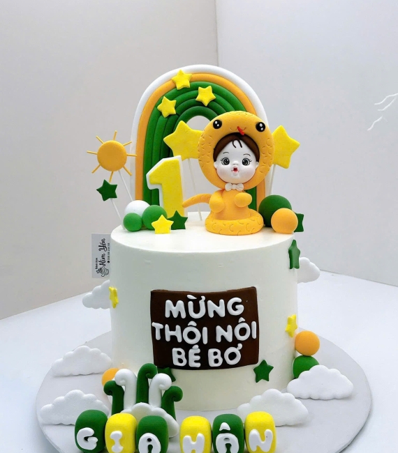 Bánh Kem tuổi tỵ tone xanh kết hợp vàng cho bé trai 