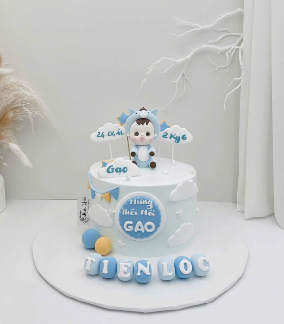 Bánh Kem thôi nôi dành cho bé trai tone xanh dương mix phụ kiện theo yêu cầu