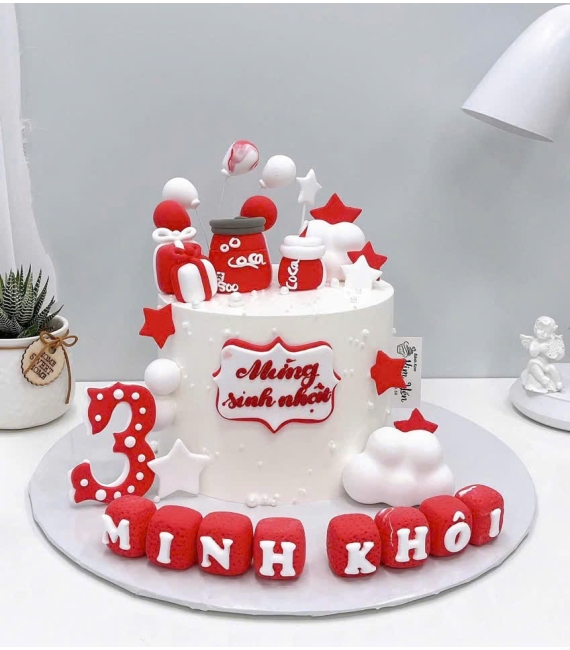 Bánh kem thôi nôi dành cho bé trai tone đỏ làm theo yêu cầu 