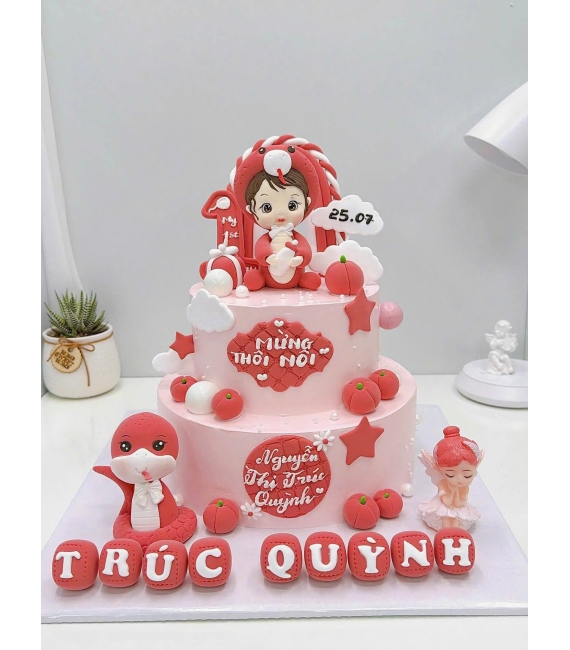 Bánh kem thôi nôi dành cho bé gái tone hồng làm theo yêu cầu 