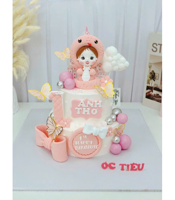 Bánh kem thôi nôi 2 tầng dành cho bé gái tone hồng ngọt ngào 