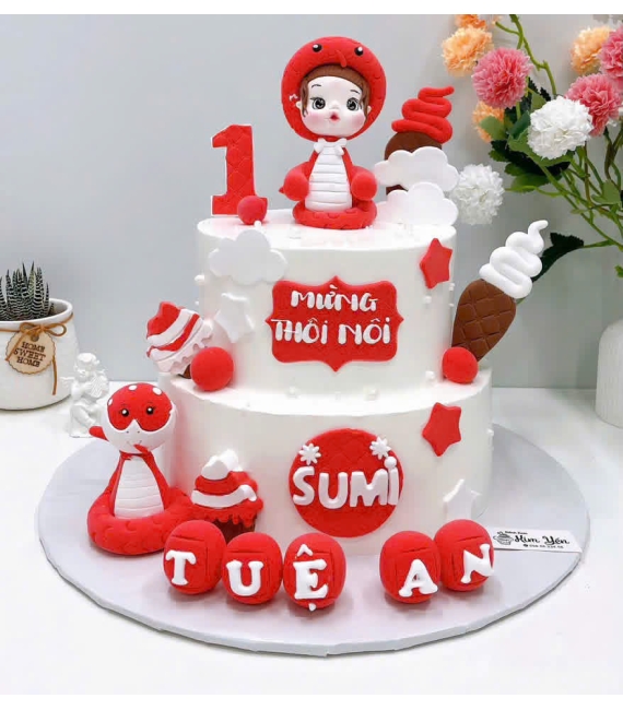 Bánh kem thôi nôi tone đỏ dành cho bé gái hot 