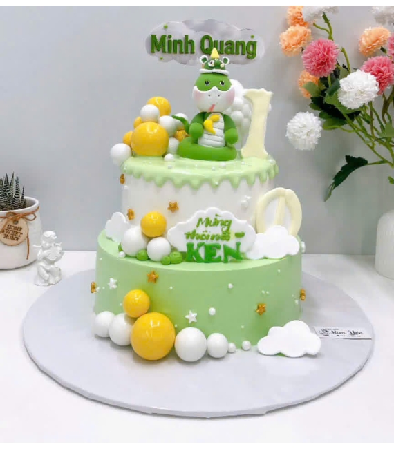 Bánh kem thôi nôi tone xanh dành cho bé trai đẹp tuổi tỵ 
