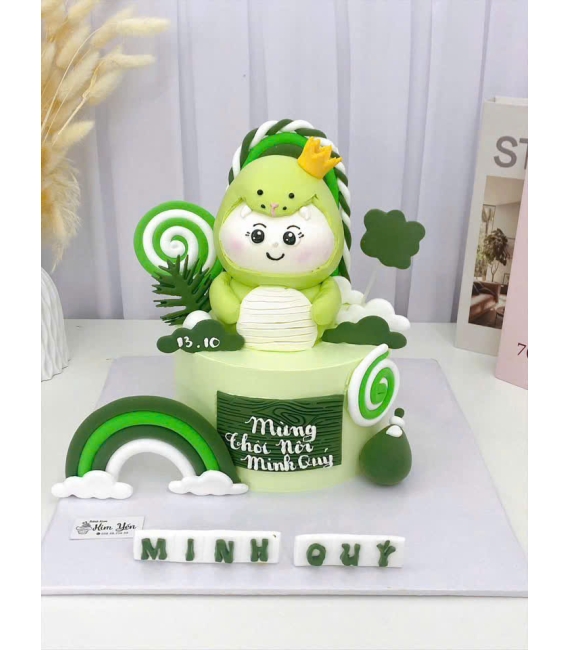 Bánh kem thôi nôi dành cho bé trai tone xanh cây hot 