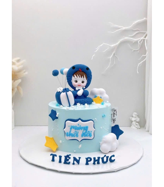 Mẫu bánh đẹp thôi nôi cho bé trai tone xanh dương tuổi tỵ hot 