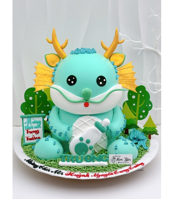 Bánh fondant thôi nôi chủ đề khủng long xanh 