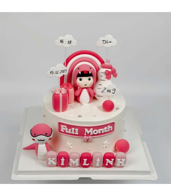 Bánh fondant thôi nôi chủ đề bé rắn đáng yêu tone đỏ