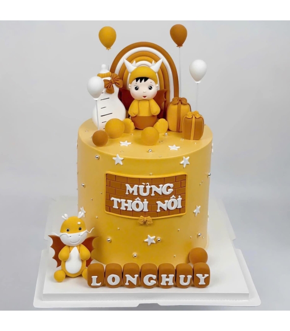 Bánh fondant thôi nôi chủ đề những chú rồng màu vàng