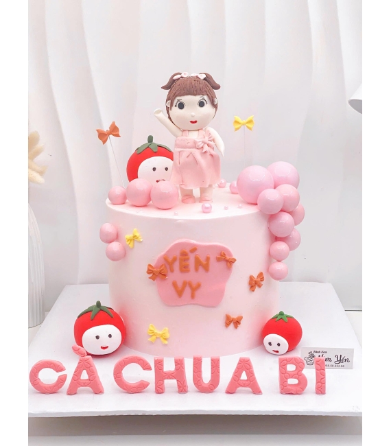 Bánh fondant thôi nôi chủ đề cà chua cho bé gái