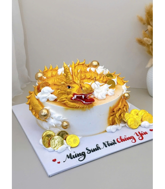  Bánh kem làm theo yêu cầu tạo hình rồng vàng tặng chồng