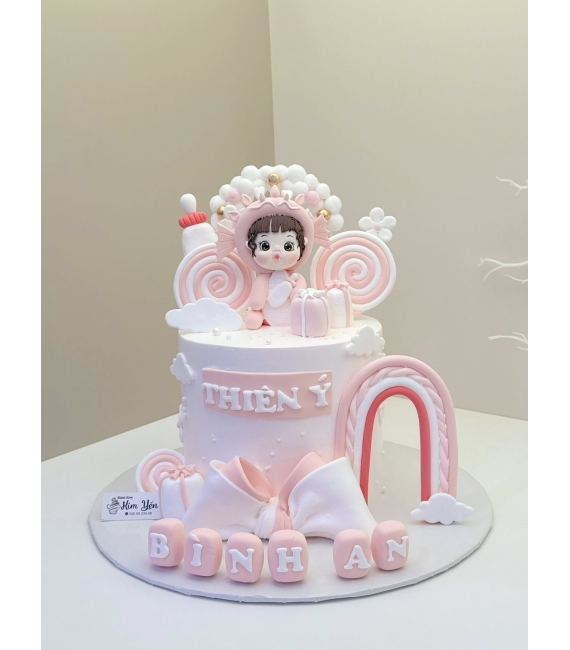 Bánh Kem Thôi Nôi Tone Hồng mừng con 1 tuổi -dành cho bé gái 