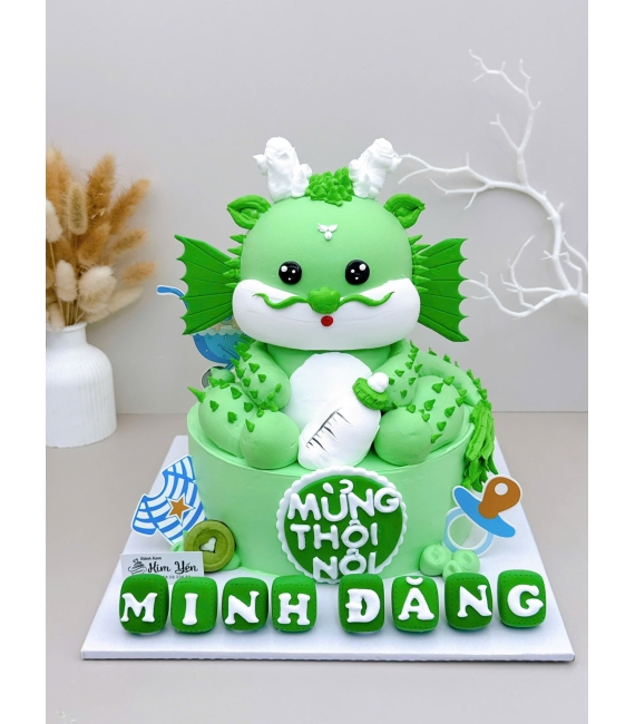 Bánh Kem Thôi Nôi Hình Con Rồng Cho Bé Trai Tuổi Thìn tone xanh cây