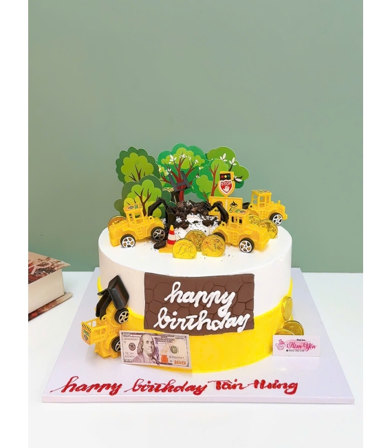 Bánh kem dành cho bé trai team mê công trình,ô tô,xe múc xe cẩu